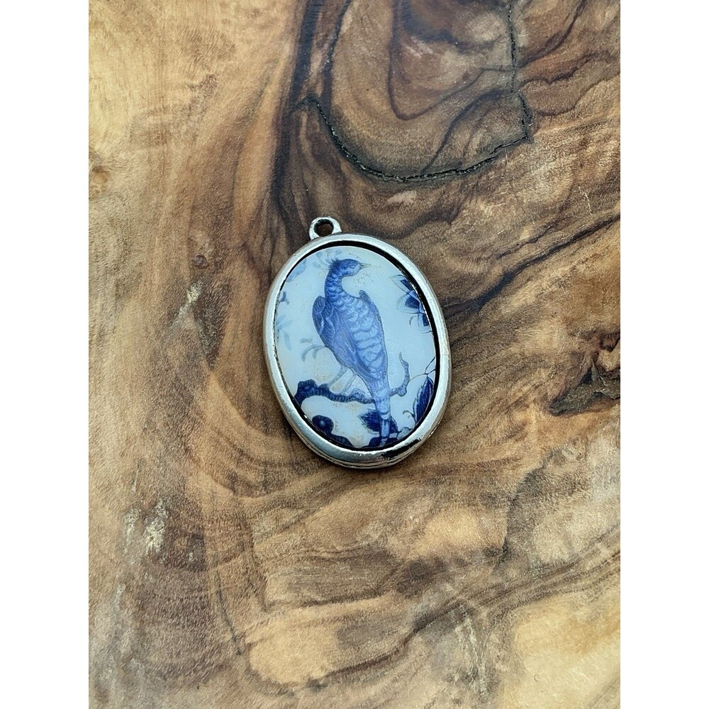 Vintage Goldette 2sided Pendant Blue White Porcelain PeacockBird Chinoiserie 60s